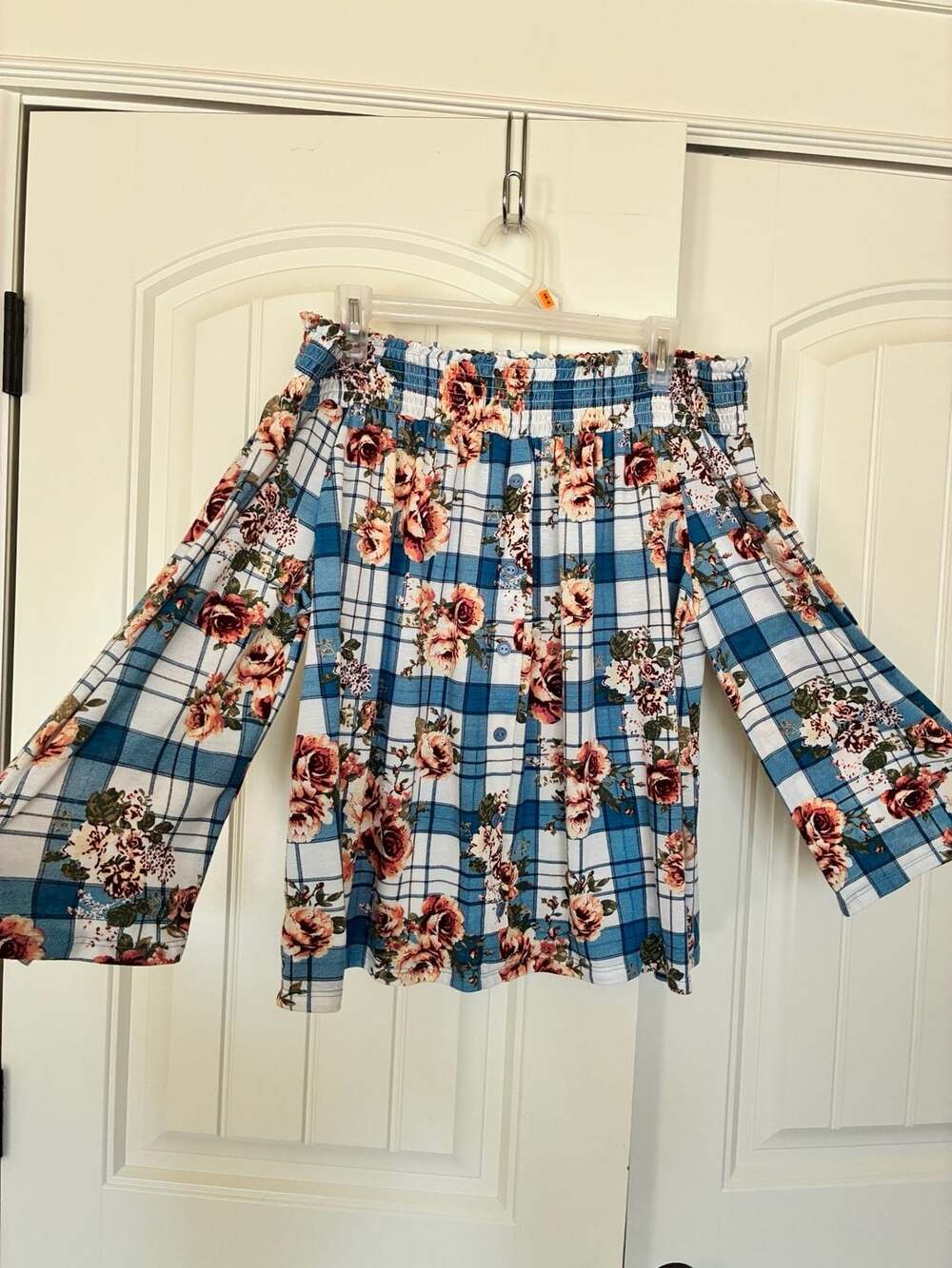 Liberty Love Blue Plaid Floral Off The Shoulder Button Down Top Size 2XL